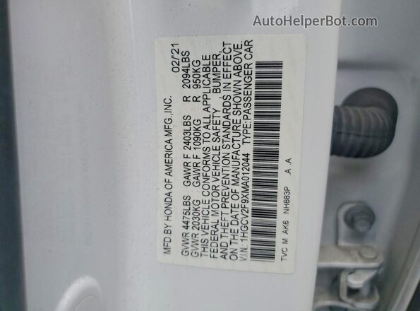 1HGCV2F9XMA012044 2021 HONDA ACCORD White Widok komory silnika
