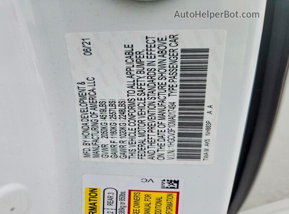 1HGCV3F10MA017494 2021 HONDA ACCORD White Vista de la etiqueta del VIN