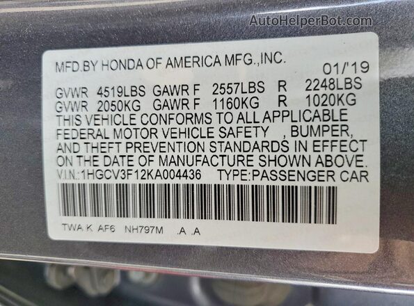 1HGCV3F12KA004436 2019 HONDA ACCORD Gray Вид підкапотного простору