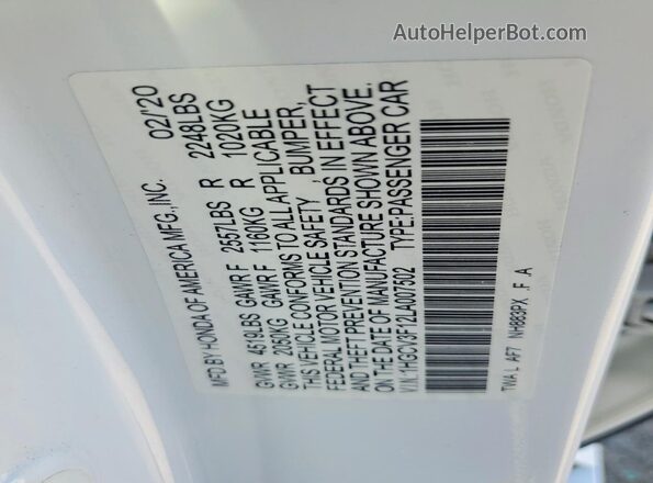 1HGCV3F12LA007502 2020 HONDA ACCORD White Вид підкапотного простору