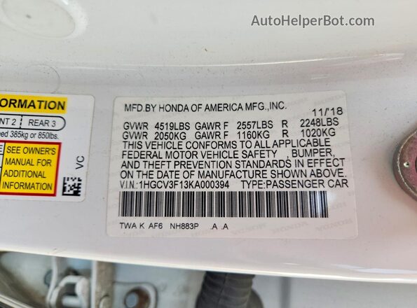 1HGCV3F13KA000394 2019 HONDA ACCORD White Вид наклейки з VIN-кодом