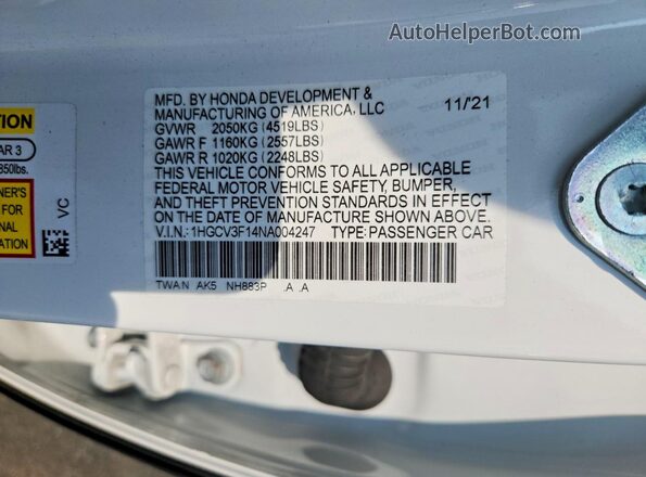 1HGCV3F14NA004247 2022 HONDA ACCORD White Widok komory silnika