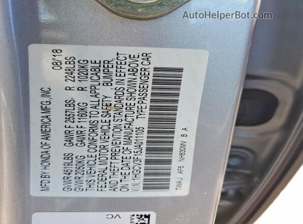 1HGCV3F15JA011105 2018 HONDA ACCORD Gray Շարժիչի բաժամունքի տեսք