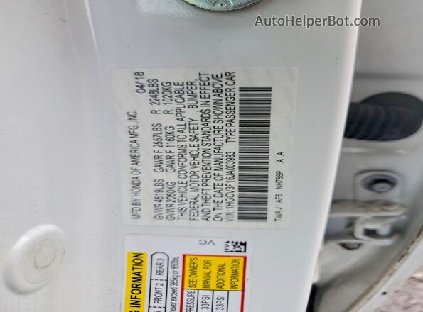 1HGCV3F16JA003983 2018 HONDA ACCORD White Vista de la etiqueta del VIN