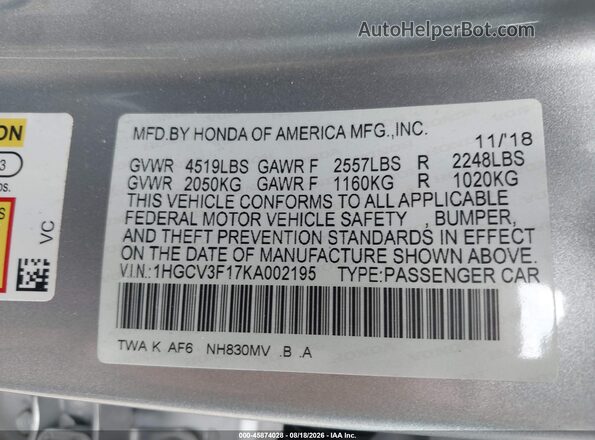 1HGCV3F17KA002195 2019 HONDA ACCORD Серебряный Вид подкапотного пространства