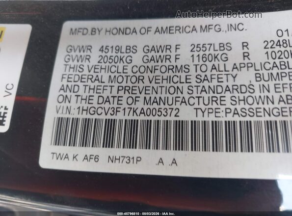 1HGCV3F17KA005372 2019 HONDA ACCORD Black Շարժիչի բաժամունքի տեսք