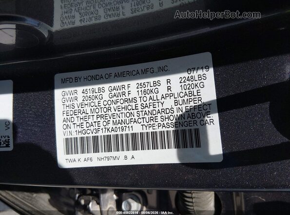 1HGCV3F17KA019711 2019 HONDA ACCORD Серый Вид подкапотного пространства