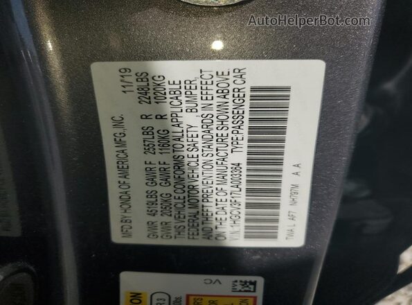 1HGCV3F17LA003364 2020 HONDA ACCORD Gray VIN კოდის სტიკერის ხედი