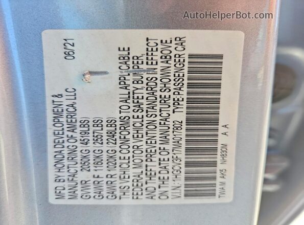 1HGCV3F17MA017802 2021 HONDA ACCORD Silver Vista de la etiqueta del VIN