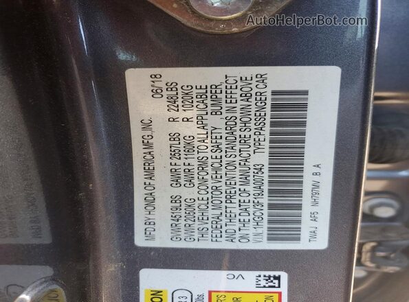 1HGCV3F19JA007543 2018 HONDA ACCORD Gray ძრავის განყოფილების ხედი