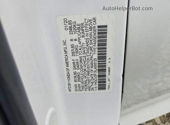 1HGCV3F1XLA005125 2020 HONDA ACCORD White Widok komory silnika