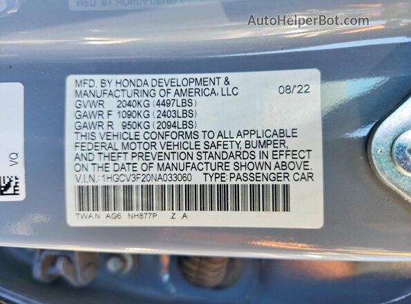 1HGCV3F20NA033060 2022 HONDA ACCORD Серый Вид наклейки с VIN-кодом