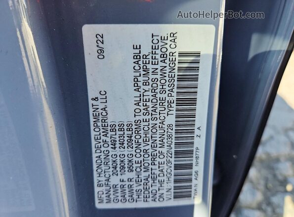 1HGCV3F22NA038728 2022 HONDA ACCORD Gray Widok naklejki z numerem VIN