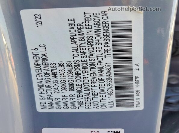 1HGCV3F23NA048071 2022 HONDA ACCORD Gray Вид підкапотного простору