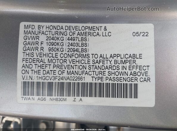 1HGCV3F24NA022661 2022 HONDA ACCORD Gray ძრავის განყოფილების ხედი