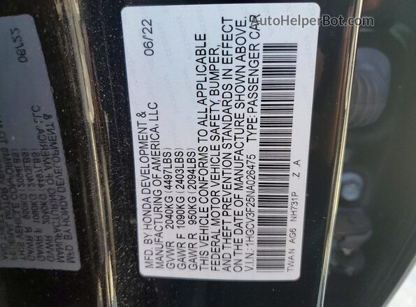 1HGCV3F25NA026475 2022 HONDA ACCORD Black Vista de la etiqueta del VIN