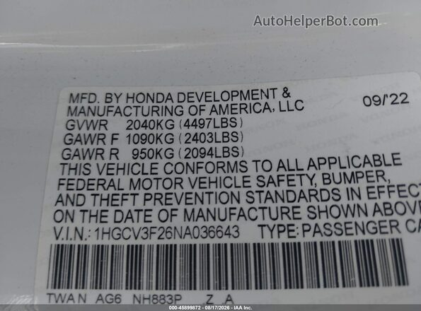 1HGCV3F26NA036643 2022 HONDA ACCORD White Engine compartment view