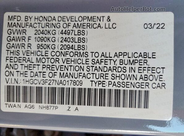 1HGCV3F27NA017809 2022 HONDA ACCORD Blue Вид підкапотного простору