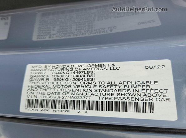 1HGCV3F27NA033377 2022 HONDA ACCORD Silver Շարժիչի բաժամունքի տեսք