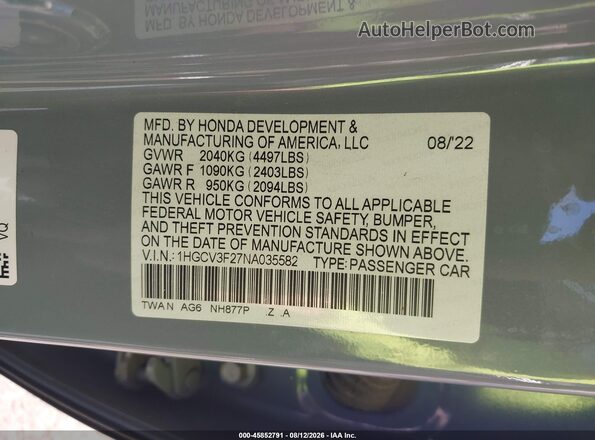 1HGCV3F27NA035582 2022 HONDA ACCORD Light Blue Շարժիչի բաժամունքի տեսք