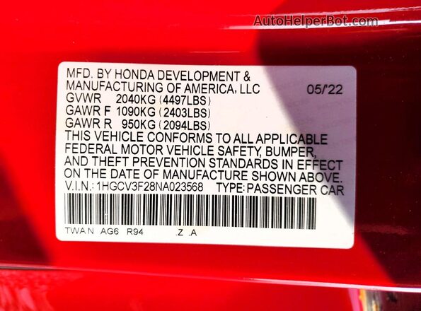 1HGCV3F28NA023568 2022 HONDA ACCORD Red Engine compartment view