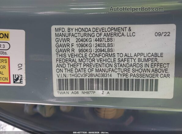 1HGCV3F28NA038314 2022 HONDA ACCORD Gray Շարժիչի բաժամունքի տեսք