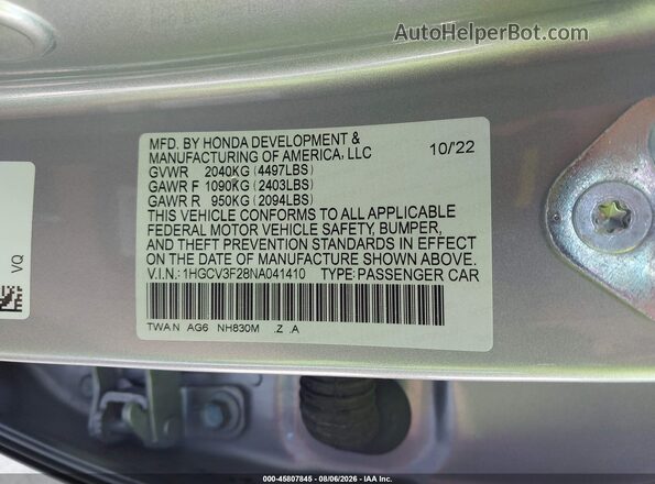 1HGCV3F28NA041410 2022 HONDA ACCORD Gray Widok komory silnika