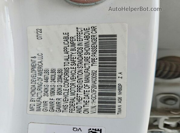 1HGCV3F29NA030562 2022 HONDA ACCORD White Vista de la etiqueta del VIN
