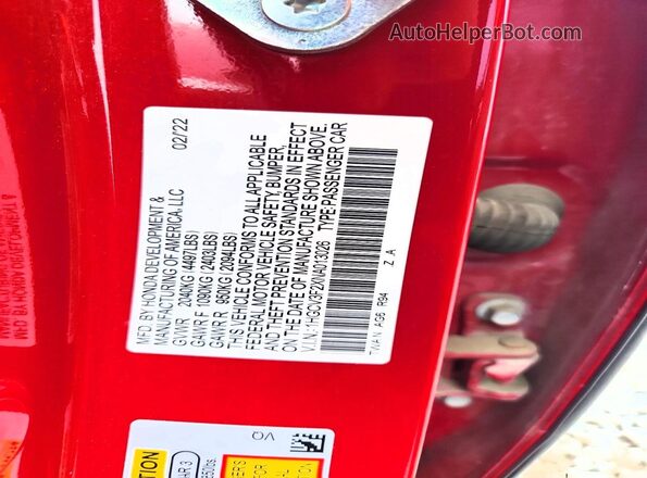 1HGCV3F2XNA013026 2022 HONDA ACCORD Красный Вид наклейки с VIN-кодом