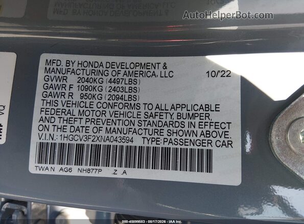 1HGCV3F2XNA043594 2022 HONDA ACCORD Light Blue Widok komory silnika