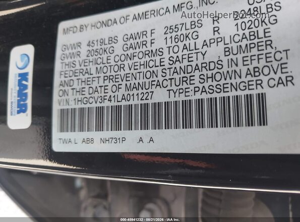 1HGCV3F41LA011227 2020 HONDA ACCORD Black Շարժիչի բաժամունքի տեսք