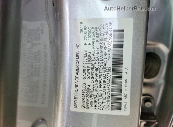 1HGCV3F43JA007385 2018 HONDA ACCORD Silver Widok komory silnika