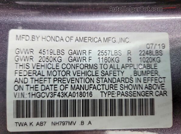 1HGCV3F43KA018016 2019 HONDA ACCORD Gray VIN sticker view