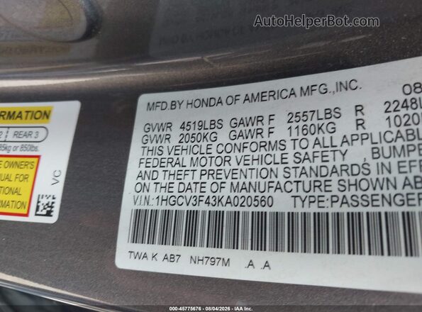1HGCV3F43KA020560 2019 HONDA ACCORD Gray Շարժիչի բաժամունքի տեսք