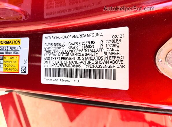 1HGCV3F43MA008105 2021 HONDA ACCORD Red Vista del compartimento del motor
