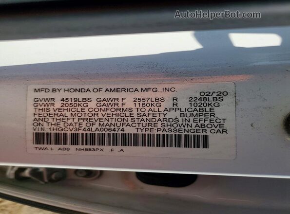 1HGCV3F44LA006474 2020 HONDA ACCORD Белый Вид подкапотного пространства