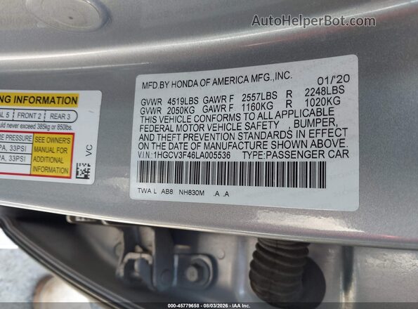 1HGCV3F46LA005536 2020 HONDA ACCORD Silver Vista del compartimento del motor