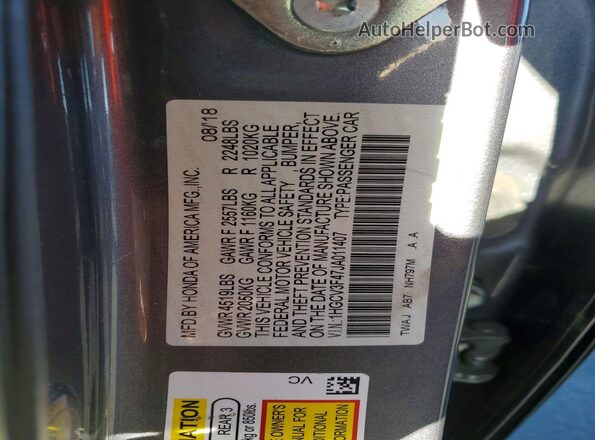 1HGCV3F47JA011407 2018 HONDA ACCORD Gray Vista del compartimento del motor