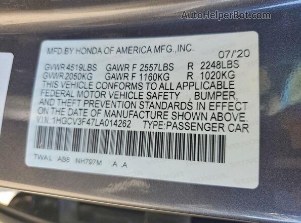 1HGCV3F47LA014262 2020 HONDA ACCORD Charcoal Вид підкапотного простору