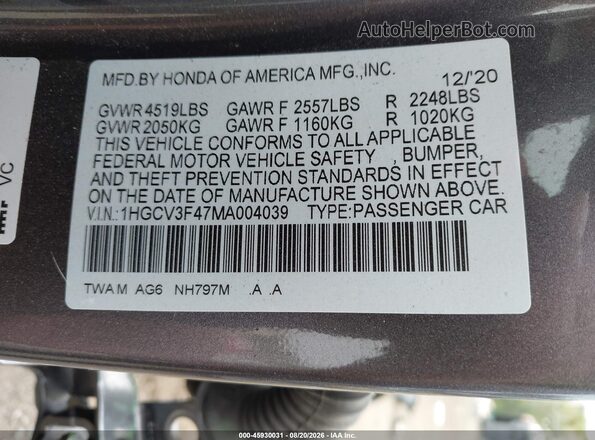 1HGCV3F47MA004039 2021 HONDA ACCORD Gray Vista del compartimento del motor