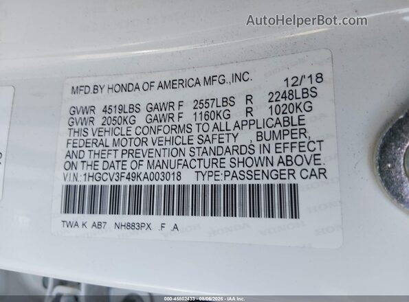1HGCV3F49KA003018 2019 HONDA ACCORD White Vista del compartimento del motor