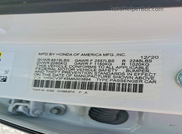 1HGCV3F49MA003894 2021 HONDA ACCORD Белый Вид наклейки с VIN-кодом