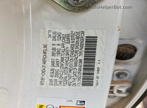 1HGCV3F4XKA013945 2019 HONDA ACCORD Белый Вид наклейки с VIN-кодом