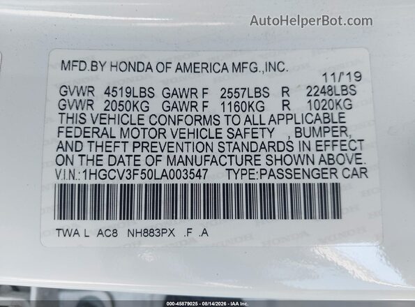 1HGCV3F50LA003547 2020 HONDA ACCORD Белый Вид подкапотного пространства