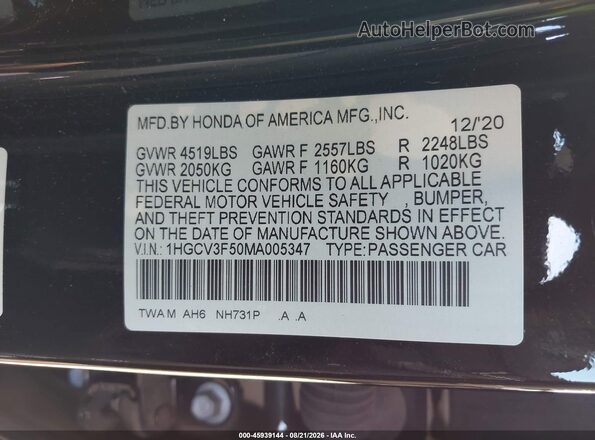 1HGCV3F50MA005347 2021 HONDA ACCORD Черный Вид подкапотного пространства