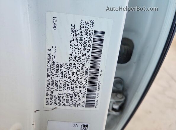 1HGCV3F50MA016848 2021 HONDA ACCORD White VIN კოდის სტიკერის ხედი
