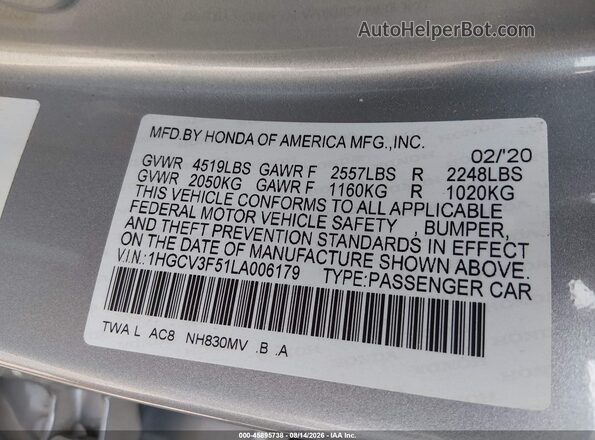 1HGCV3F51LA006179 2020 HONDA ACCORD Silver Widok komory silnika