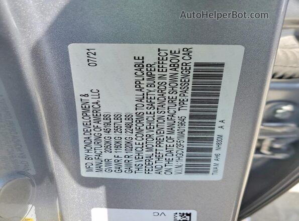 1HGCV3F51MA019645 2021 HONDA ACCORD Silver Engine compartment view