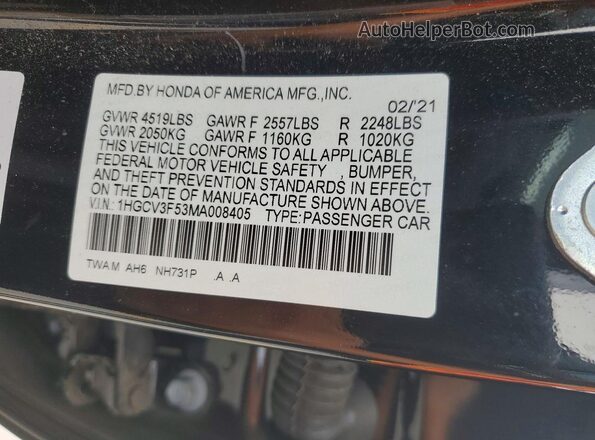 1HGCV3F53MA008405 2021 HONDA ACCORD Черный Вид наклейки с VIN-кодом