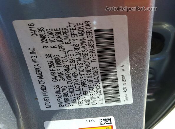 1HGCV3F54JA003905 2018 HONDA ACCORD Silver VIN կոդի պիտակի տեսք